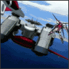 A mechanical robot with white, black, and red coloring moves through a blue sky background in