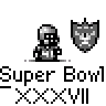 Pixel art contact sheet showing two frames of an animated Super Bowl XXXVII buddy icon with a character, shield symbols, and text elements.