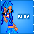 Pixelated character with blue hair and sunglasses, wearing a blue crop top and shorts against a light blue background with 'BLUE' text.