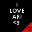 Pixelated text 'I LOVE ARI <3' above a red triangular shape with a heart symbol on black background.