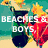 Pixelated beach scene with two figures in swimwear under a yellow umbrella, text overlays reading "BEACHES & BOYS," "FUN IN THE SUN," "LOVE & ROMANCE," "RIDES & THRILLS," and "SUMMER."