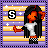 Pixel art character with long black hair and orange skin wears white shirt, checkered shorts; background has purple-yellow stripes and stars; 'S' symbol changes color across frames.