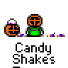 A 4-frame animated contact sheet showing a pixel art character with an orange helmet and green body holding a pumpkin bucket, with