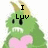 Green cartoon creature with yellow horns and pink heart-shaped chest, displaying text changes across three