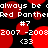 Static pixel art with red circular shapes and white text on a black background, repeating phrases like "always be" and "Red Panther."