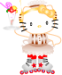Hello Kitty character in brown and white striped dress holding tray with dessert, wearing roller skates on gray background.