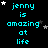 Pixelated cyan text 'jenny is amazing at life' on black background with scattered white and gray stars, animated star positions.
