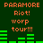 Pixelated green background with orange text and green audio bars showing "PARAMORE Riot! worp tour!!!" in two identical vertical sections.