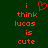 Green background with orange pixelated text reading 'i think lucas is cute' and a red heart symbol replacing the word 'love'.