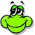 Pixelated green frog with large eyes, black pupils, white highlights, and two antennae-like protrusions on its head.