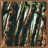 Pixelated artwork of a figure with flowing striped fabric in brown, green, and white tones against a dark background.