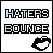 Pixelated text 'HATERS BOUNCE' in light blue and black with a black lip icon on the left and a light blue lip icon on the right.