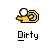 Pixelated yellow hand holding white sphere with yellow curved shape, underlined text "Dirty" on gray background.