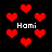 Red pixelated hearts float on a black background with four instances of the text 'Hami' in white block letters.