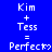 Blue background displays repeated 'Kim + Tess = Perfect' text with heart symbols, showing animation changes in the final heart's shape across frames.
