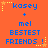 A static pixel art image with orange background displaying blue text 'kasey + mel BESTEST FRIENDS !' repeated in a pattern, surrounded by yellow star and dot decorations