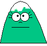 Green cartoon character with white snow-capped top, large eyes, and straight mouth; one version shows red tongue extended.