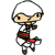 Pixel art character in white hooded robe with red-brown sash, four distinct poses showing movement from standing to mid-air jump with arms crossed and legs bent.