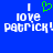 Blue background with white pixelated text reading "I love Patrick!" and a green pixelated heart symbol above the word "love".