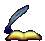 Animated sequence of a quill pen dipping into an inkwell above an open book, showing motion from initial dip to full lift.