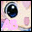 Pixelated anime-style eye with blue highlights and a pink background, featuring two distinct text variations below the eye.