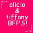 Pixelated text on bright pink background with white stars and dotted lines, displaying 'alicia & tiffany BFF'S!' in multiple repeated