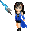Pixelated character in blue outfit with flowing cape and black shorts, holding blue sword, standing against gray background.