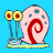 Animated contact sheet of a cartoon snail character with red spiral shell and blue spots, displayed across multiple frames on yellow and blue backgrounds with repeated text "GARY" in bold red letters.