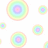 Pixelated rainbow circles float on white background with black text about hearts and circles.