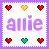 Two side-by-side pixelated stamp-like images with purple borders, each displaying the name 'allie' in large letters and heart symbols at top and bottom.