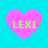 Four pink heart shapes on a cyan background, each containing green text reading 'LEXI' with pixelated edges.