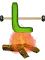Green L-shaped object on horizontal bar above campfire with orange flames and brown logs on gray background