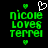 Green pixelated text 'nicole loves Terrei' with four green heart icons and a white heart outline on black background.