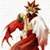 A pixelated figure in a red gown with gold accents, holding a staff topped with a sun-like symbol against a checkered background.