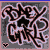 Pixelated static icon with stylized text and a small heart symbol on a gray background, framed by pink borders.
