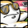 Pixelated static image of a stylized figure with large circular eyes and abstract shapes in yellow, gray, pink, and white tones on a transparent background.
