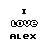 Animated pixel art displays 'I LOVE ALEX' text with pink and black color shifts , showing subtle variations in lettering and small decorative elements