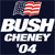 Pixelated graphic with dark blue background featuring 'BUSH CHENEY '04' text on left, 'GEORGE W BUSH .com' text on right, and two American flag icons.