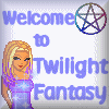 Pixelated image of a blonde woman in purple dress with star emblem, next to text reading Welcome to Twilight Fantasy and Magic Wicca Spells more.