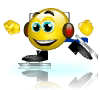 Yellow emoji face with blue eyes, red headphones, and black skates glides across ice while holding yellow pom-poms and a blue flag.