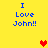 Yellow background with blue text reading "I Love John!!" in four corners and three pixelated hearts in the center.