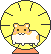 Pixelated hamster with orange-brown fur and white belly stands on an orange base beneath a yellow circular backdrop, smiling with visible teeth.