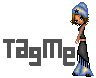 Pixelated character in blue beanie and black outfit with blue accents, standing against gray background with 'TagMe' text.