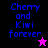 Four display 'Cherry and Kiwi forever' text with star symbols; top-left black background, top-right purple, bottom-left bright pink, bottom-right dark purple
