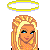 Pixel art contact sheet of a 4-frame animated angel icon with yellow halo, blonde hair, pink top, blue skirt, and 'Angel' text.