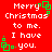 Red background with white pixelated text reading 'Merry Christmas to me. I have you.' and green square-shaped decorations.