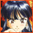 Pixelated anime-style character with dark blue hair and bangs, light skin, and brown eyes, set against a fiery orange and red background with an orange border.