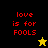 A split-screen pixel art image with red text 'love is for FOOLS' on black and yellow backgrounds, featuring a yellow star in the top-right corner of the black section and a black star in the bottom-left corner of the yellow section.