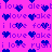 A static image with a bright pink background filled with repeating text and heart symbols in blue.