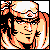 Pixelated 50x50 static icon of a character with long orange hair, white headband, and black glasses against dark background.